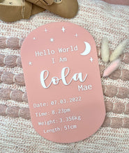 Load image into Gallery viewer, Hello World Moon &amp; Stars Birth Detail Plaque
